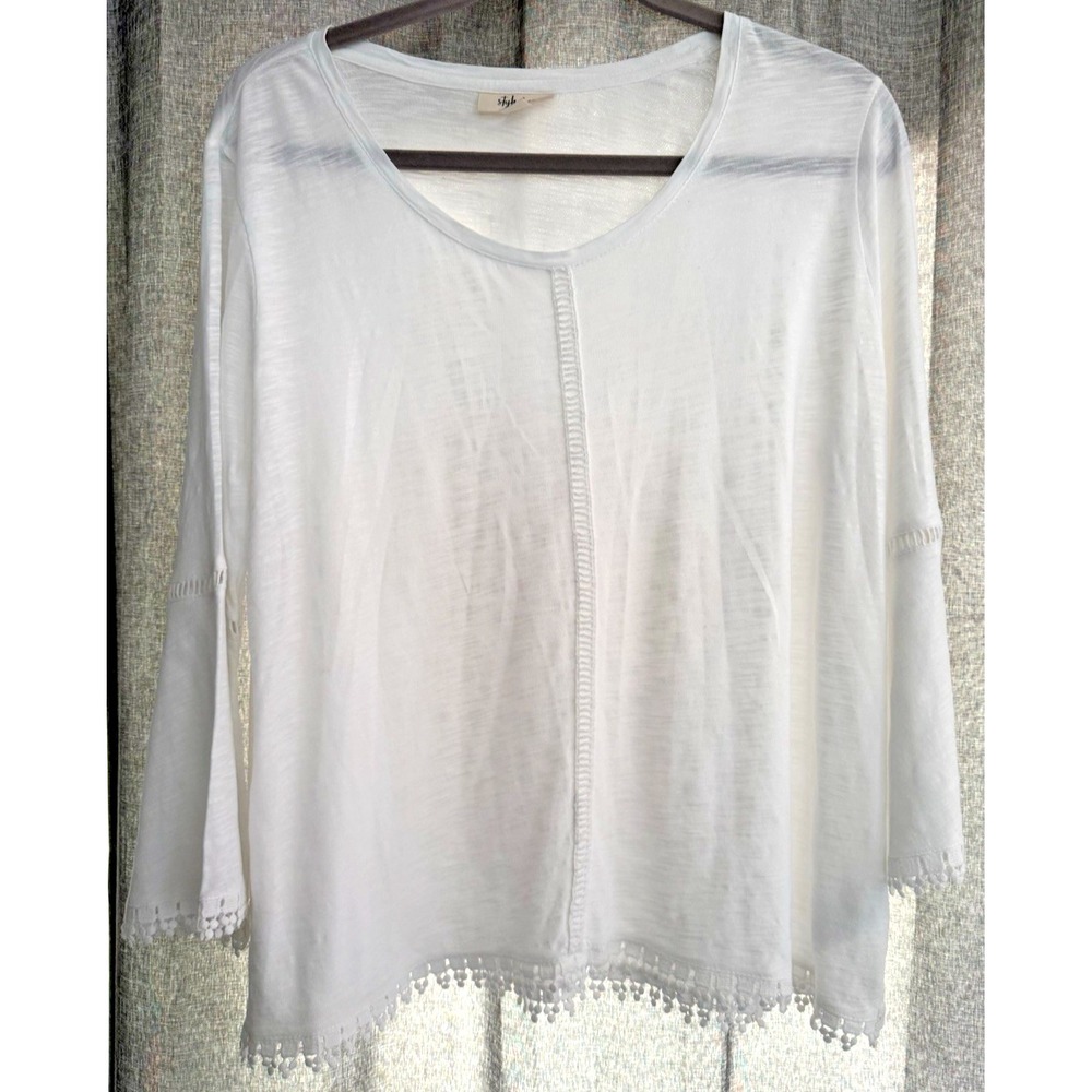 STYLE & CO Women's PL White‎ 3/4 Bell Sleeve Tassel Tunic 100% Cotton Blouse
